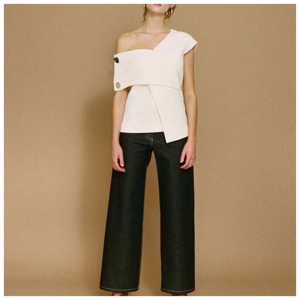 Black & White Asymmetrical Shoulder Button Top - Picture 3 of 8